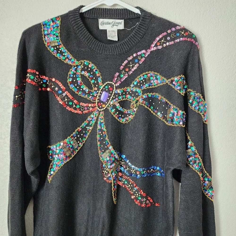 CHRISTINE GERARD 80s Glam Sequin Bow Jewel Sweater Holiday Party in‎ Black M